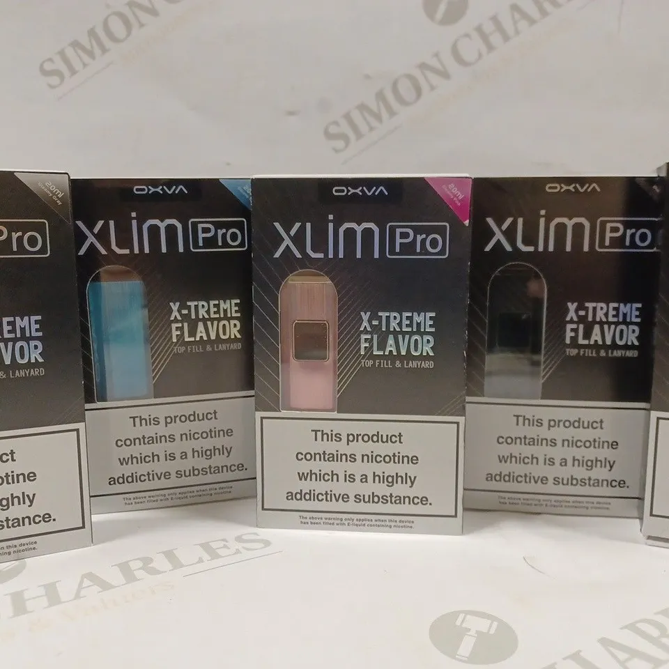 BOX OF 5 OXVA XLIM PRO VAPES IN ASSORTED COLOURS TO INCLUDE GREY, PINK, BLUE, BLACK