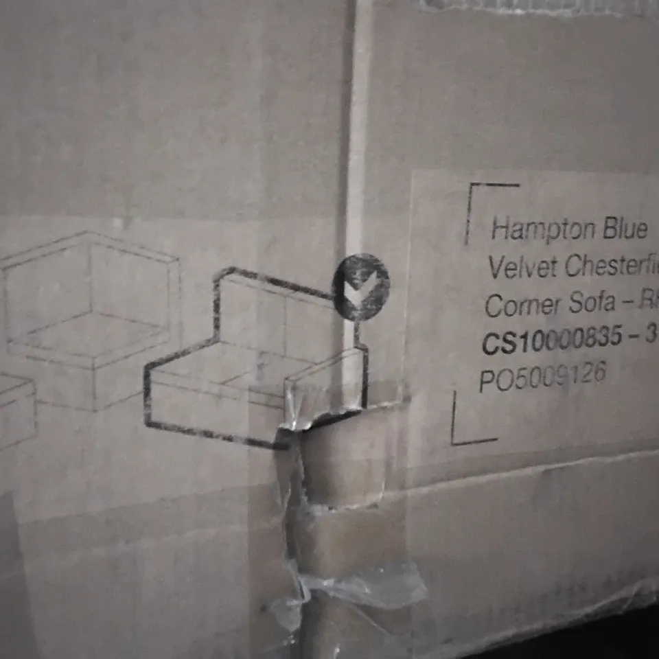 BOXED HAMPTON BLUE VELVET CHESTERFIELD CORNER SOFA RHF (1 BOX OF 3) INCOMPLETE 
