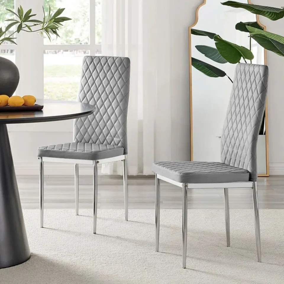 BOXED SET OF 6 AMEKA LUXURY VELVET MODERN TALL BACK DINING CHAIRS WITH METAL LEGS IN GREY VELVET WITH SILVER LEGS (1 BOX)