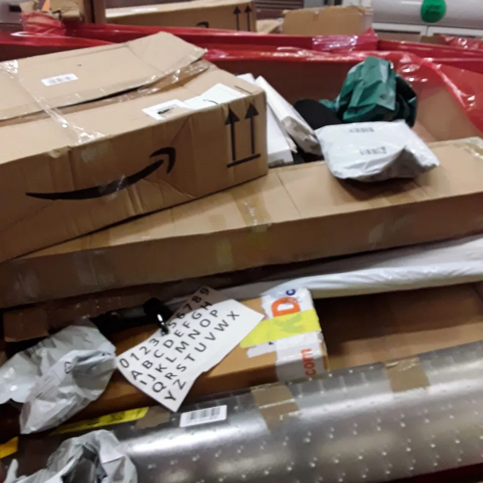 PALLET OF ASSORTED HOUSEHOLD GOODS AND PRODUCT TO INCLUDE; LED CEILING LIGHT, BED RAIL, 3 MINI TRASH CANS, BOXED FURNITURE ETC