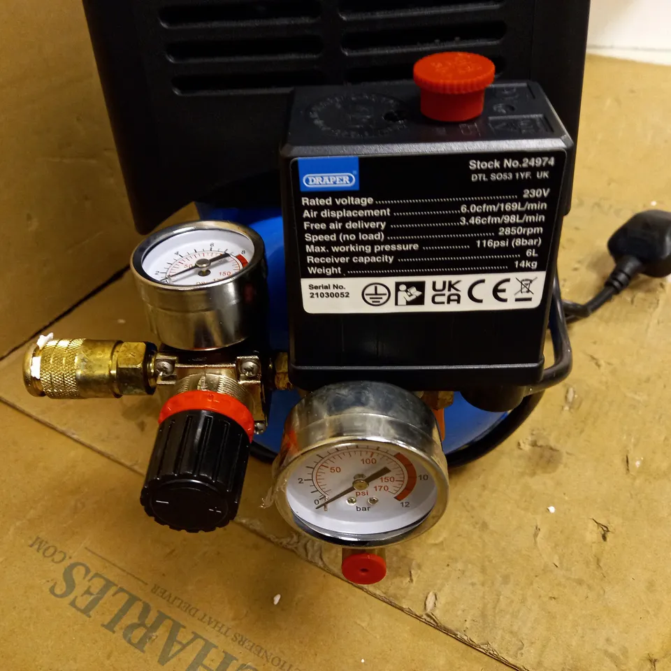 DRAPER 24974 6-LITRE 1.1KW OIL-FREE AIR COMPRESSOR