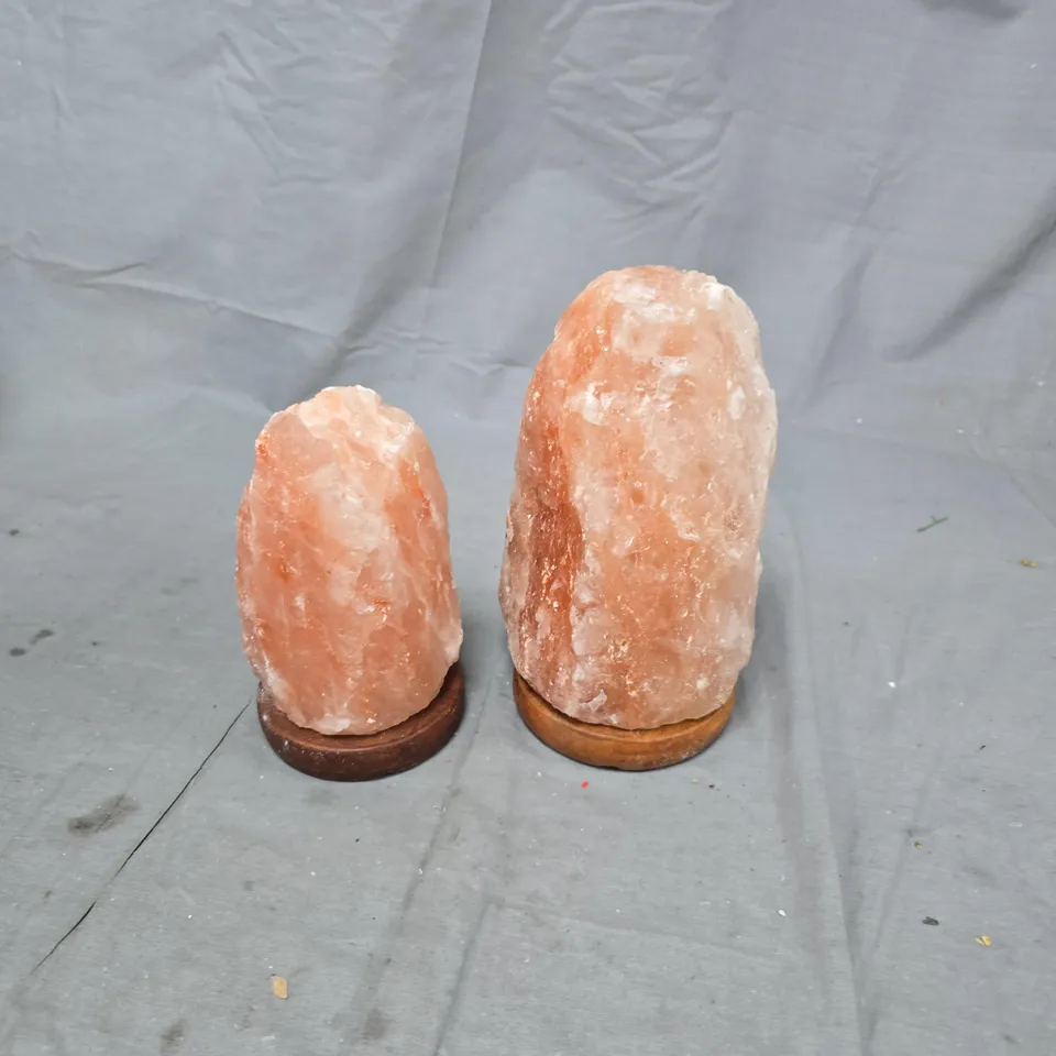 PAIR OF HIMALAYAN SALT LAMPS ON WOODEN BASES