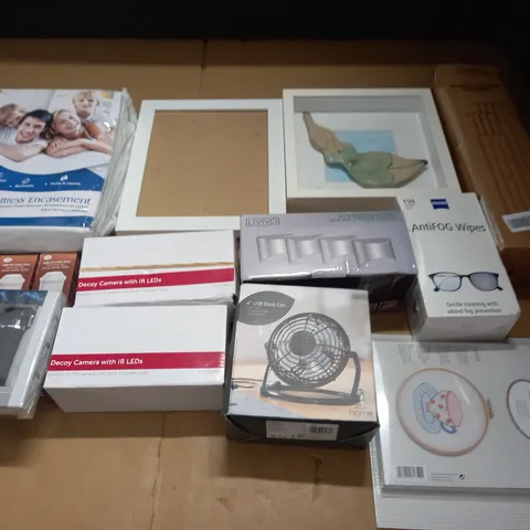 LARGE QUANTITY OF ASSORTED HOUSEHOLD ITEMS TO INCLUDE MATTRESS ENCASEMENT, PICTURE FRAMES AND DECOY CAMERAS