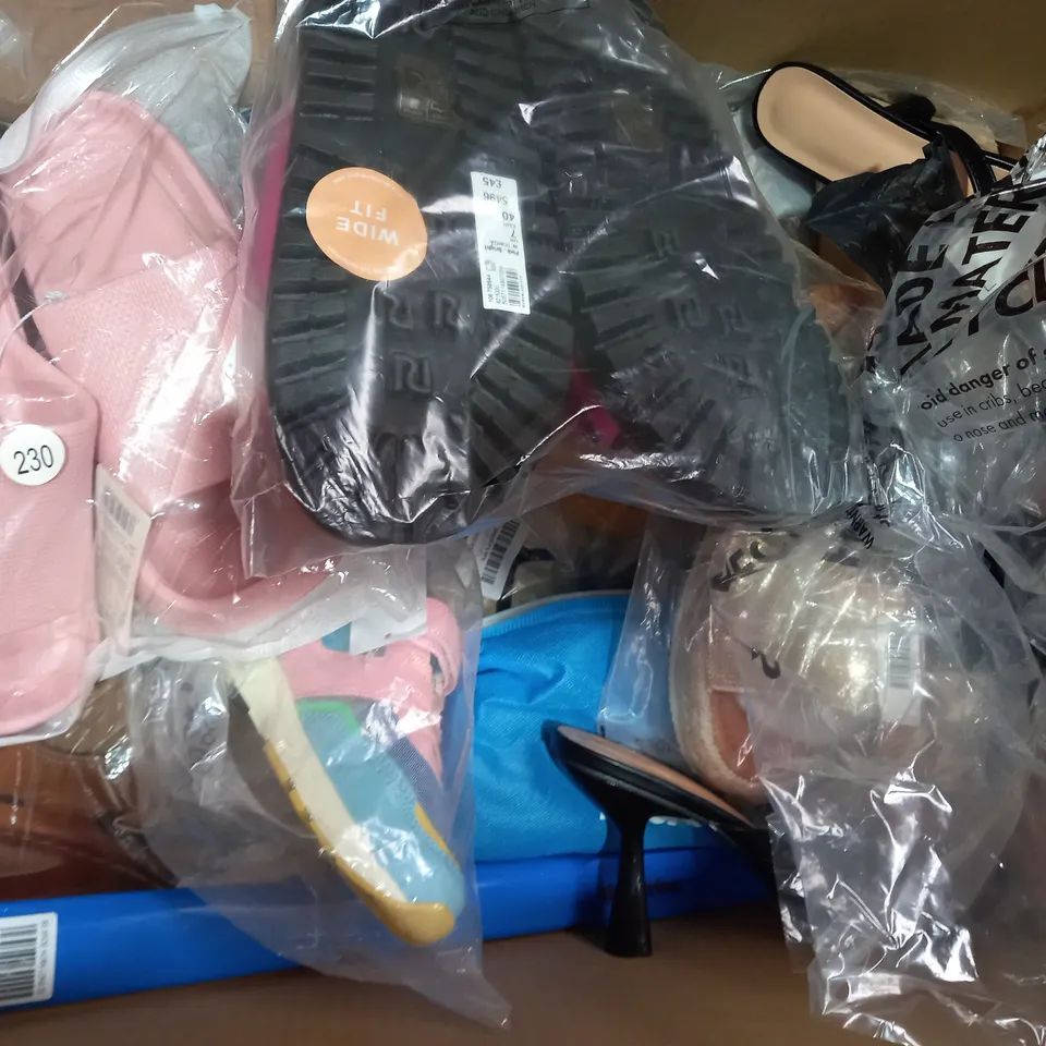 BOX OF APPROXIMATELY 20 ASSORTED PAIRS OF SHOES IN VARIOUS STYLES & SIZES TO INCLUDE ASOS DESIGN, ZARA, ETC