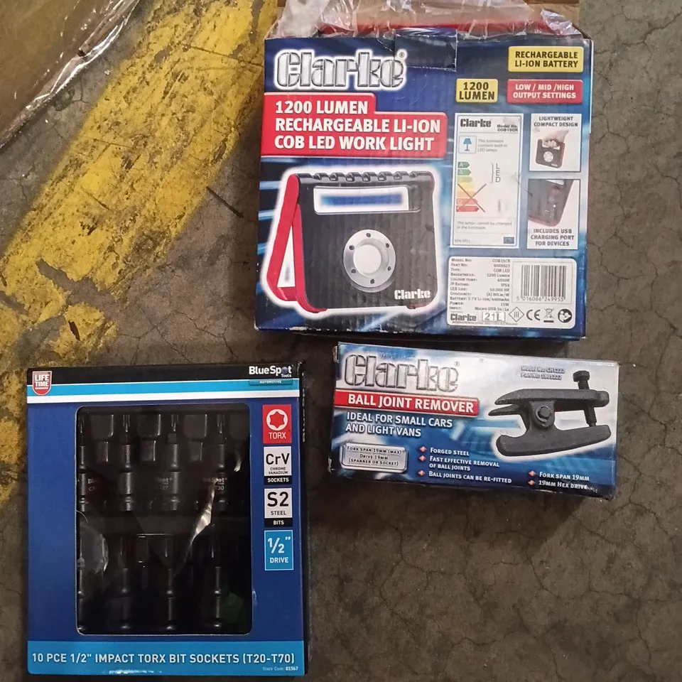 BOX ASSORTED TOOLS TO INCLUDE - BALL JOINT REMOVER, IMPACT TORX BIT SOCKETS, WORK LIGHT