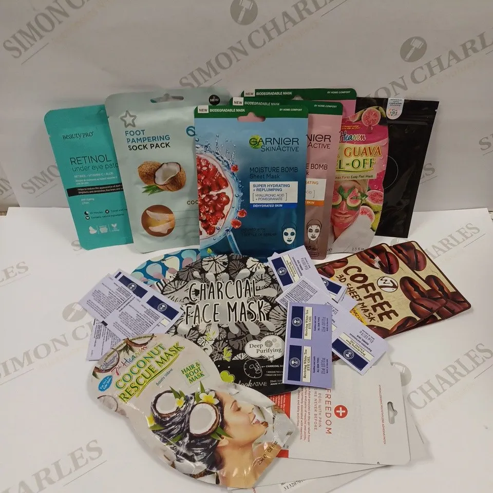 APPROXIMATELY 20 ASSORTED BEAUTY PRODUCTS TO INCLUDE CHARCOAL FACE MASK, COLLAGEN FACE MASK, FOOT PAMPERING SOCK PACK ETC. 