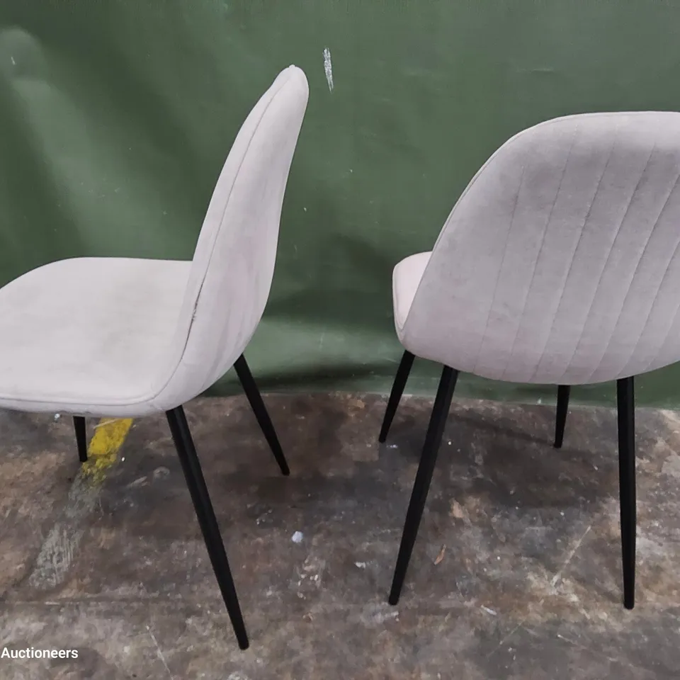 PAIR OF LIGHT GREY PLUSH FABRIC UPHOLSTERED DINING CHAIRS ON BLACK LEGS