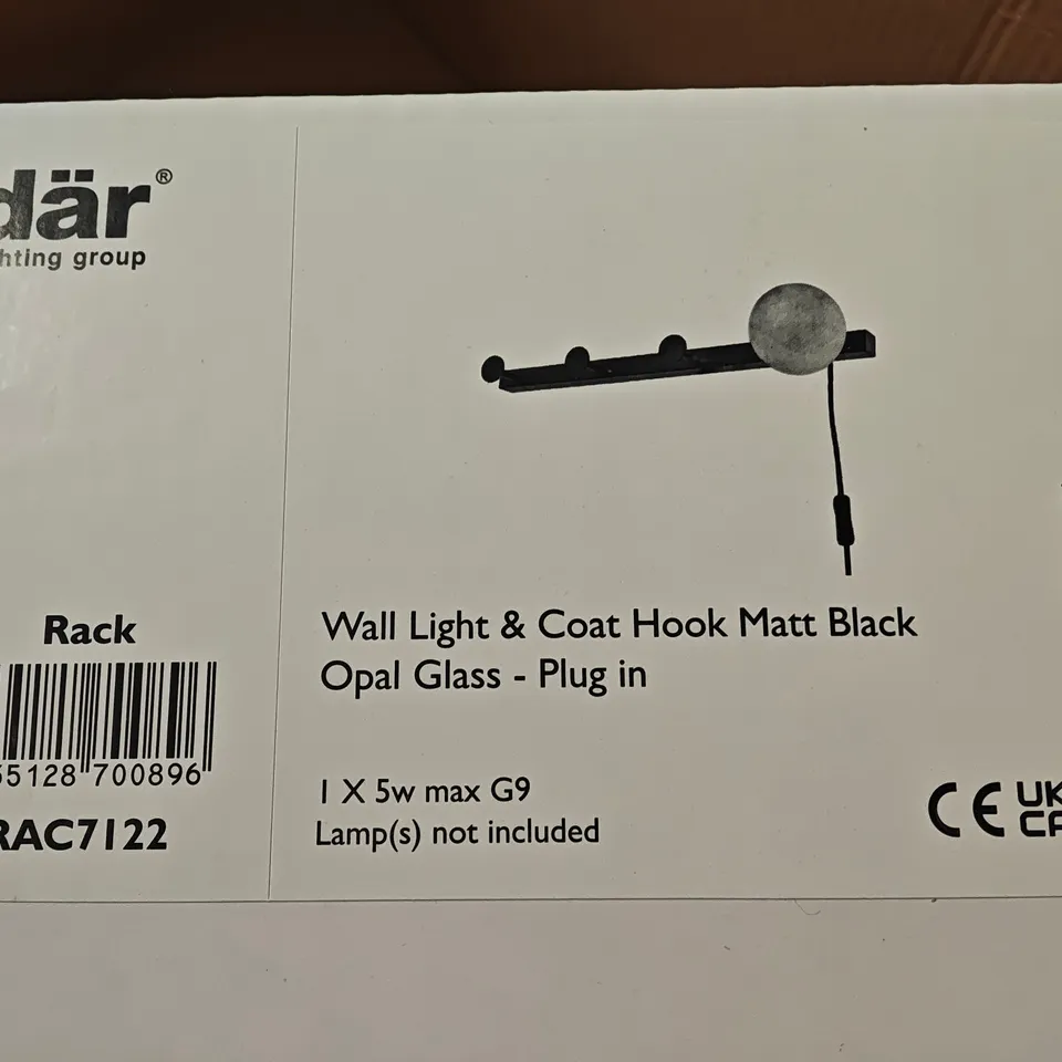 BOXED DAR RACK WALL LIGHT & COAT HOOK IN MATT BLACK AND OPAL GLASS - PLUG IN