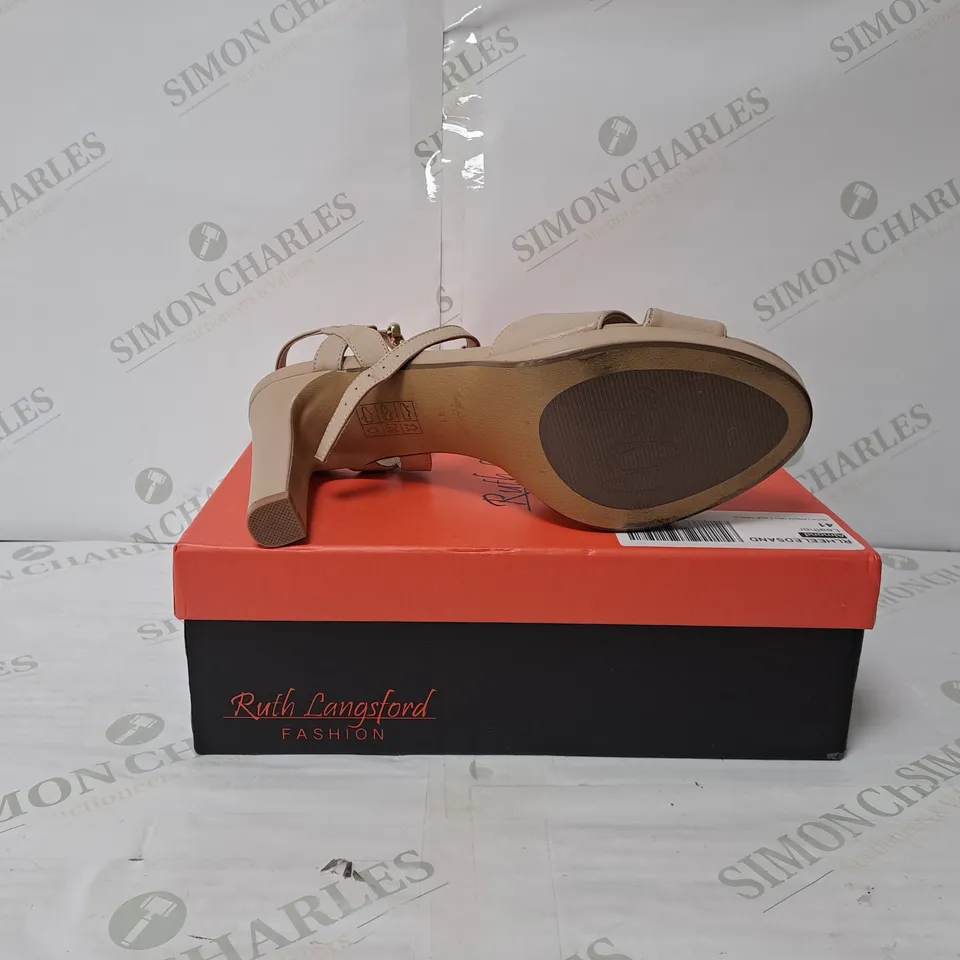 BOXED PAIR OF RUTH LANGSFORD HEELED SANDALS IN MATTE ALMOND SIZE 8