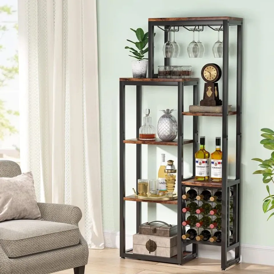 BOXED TANEYTOWN 12 BOTTLE FLOOR WINE BOTTLE & GLASS RACK IN RUSTIC BROWN/BLACK