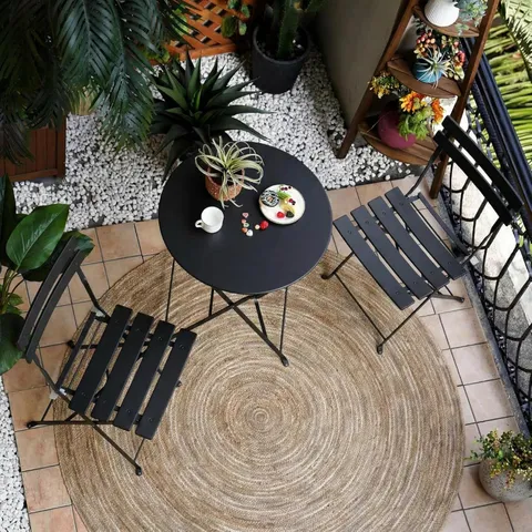BOXED GRAND PATIO OUTDOOR BISTRO SET, METAL FOLDING CHAIRS SET OF 3, PATIO TABLE AND CHAIR SET FOR BALCONY BCKYARD LAWN (BLACK)