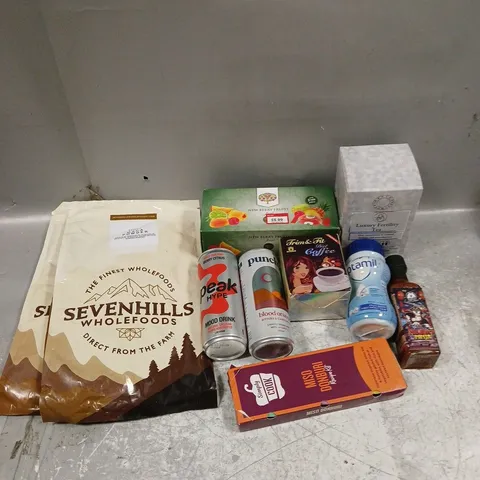 APPROXIMATELY 12 ASSORTED FOOD ITEMS TO INCLUDE - SEWVENHILL MACA POWDER - PEAK HYPE MOOD DRINKS - LUXURY FERTILITY TEA - ETC - COLLECTION ONLY