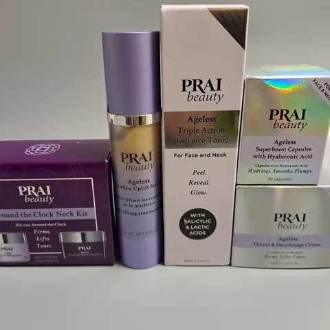 LOT OF 5 ASSORTED PRAI BEAUTY ITEMS TO INCLUDE AGELESS SUPERBOOST CAPSULES, THROAT & DΓCOLLETAGE CRΓME AND RADIANCE TONIC