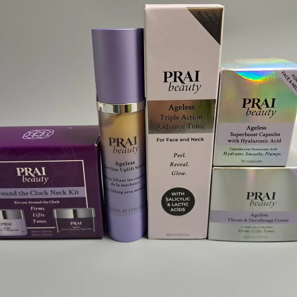 LOT OF 5 ASSORTED PRAI BEAUTY ITEMS TO INCLUDE AGELESS SUPERBOOST CAPSULES, THROAT & DÉCOLLETAGE CRÈME AND RADIANCE TONIC