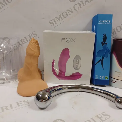 BOX OF 6 ASSORTED ADULT TOYS TO INCLUDE G-SPOT STIMULATOR, MY VIV PEBBLE MASSAGER, SILICONE DILDO, ETC