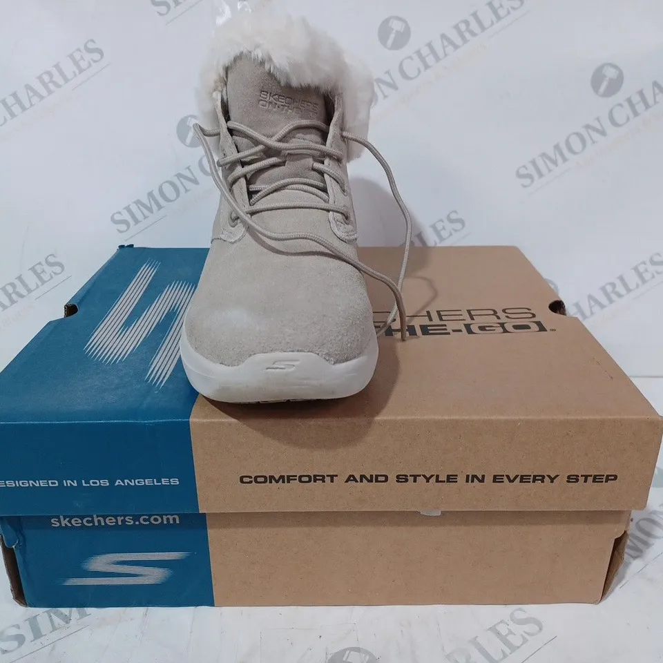 BOXED PAIR OF SKECHERS GO WALK SHOES IN TAUPE SIZE 3
