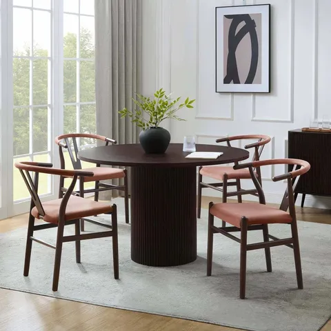 BOXED DUSK HATTIE PANEL ROUND 4-6 SEATER PEDESTAL DINING TABLE - WALNUT (2 BOXES)