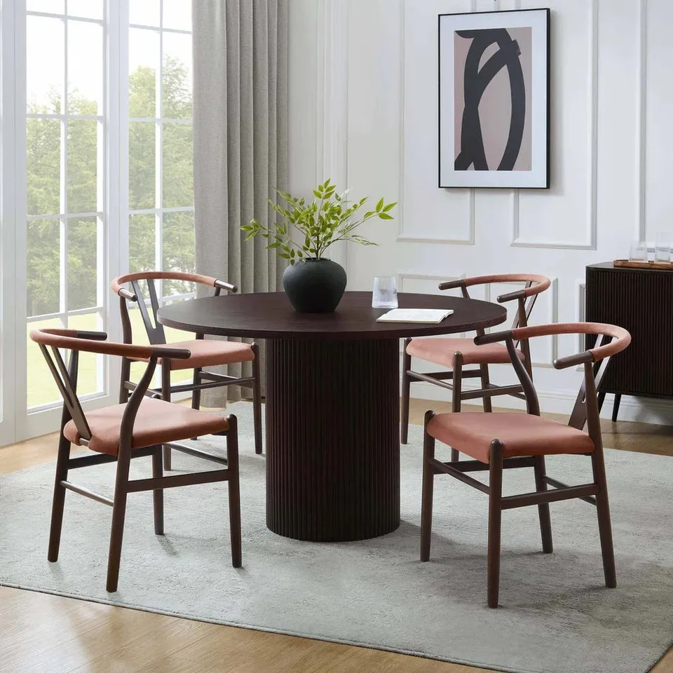 BOXED DUSK HATTIE PANEL ROUND 4-6 SEATER PEDESTAL DINING TABLE - WALNUT (2 BOXES)