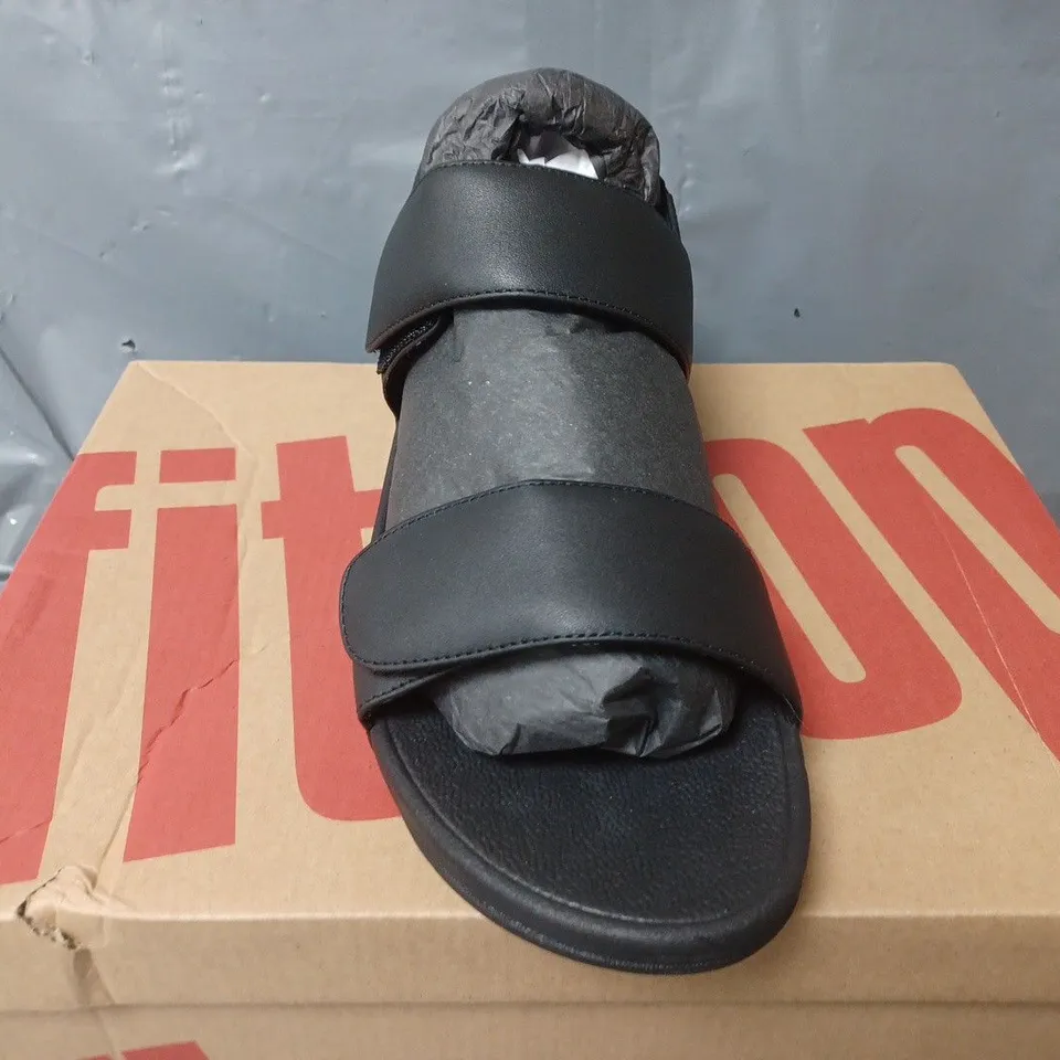 BOXED PAIR OF FITFLOP LULU ADJUSTABLE LEATHER STRAP SANDALS IN BLACK - UK 6