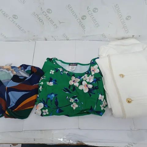 BOX OF 10 ASSORTED CLOTHING ITEMS TO INCLUDE A WHITE JACKET WITH GOLD BUTTONS, ETC