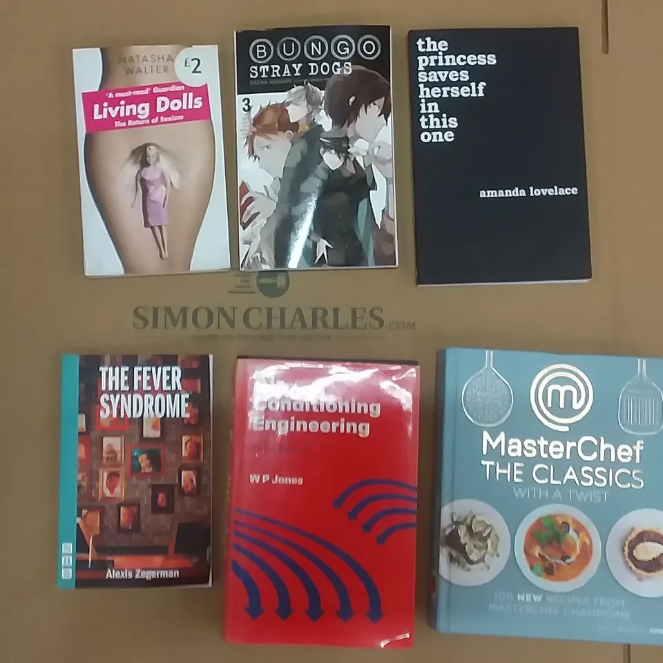 PALLET OF BOOKS INCLUDING LIVING DOLLS , BUNGO STRAY DOGS , MASTERCHEF  THE CLASSICS ,AIR CONDITIONING ENGINEERING, THE FEVER SYNDROME , THE PRINCESS SAVES HERSELF IN THIS ONE 