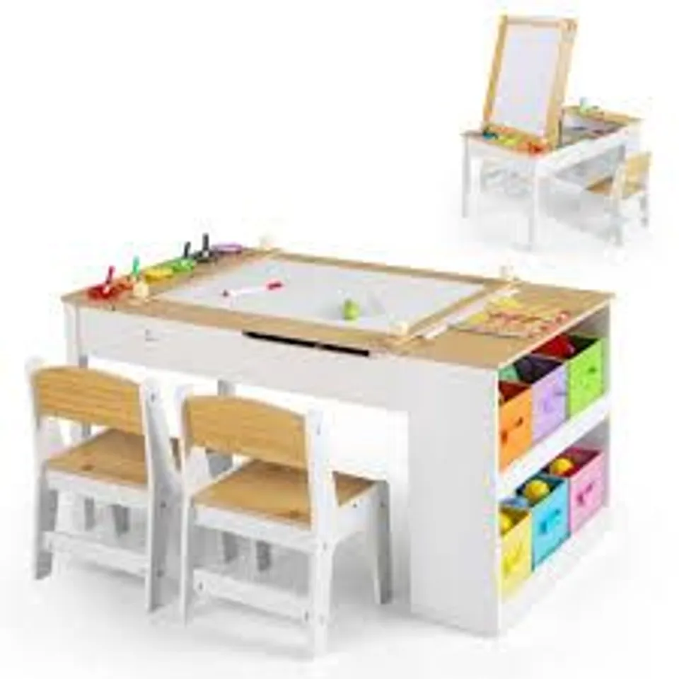 BOXED 2-IN-1 KIDS ART TABLE AND EASEL SET WITH CHAIRS AND LIFTABLE TABLETOP, NATURAL