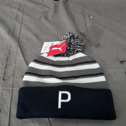 PUMA NAVY & WHITE STRIPED BEANIE WITH POM-POM – ONE SIZE
