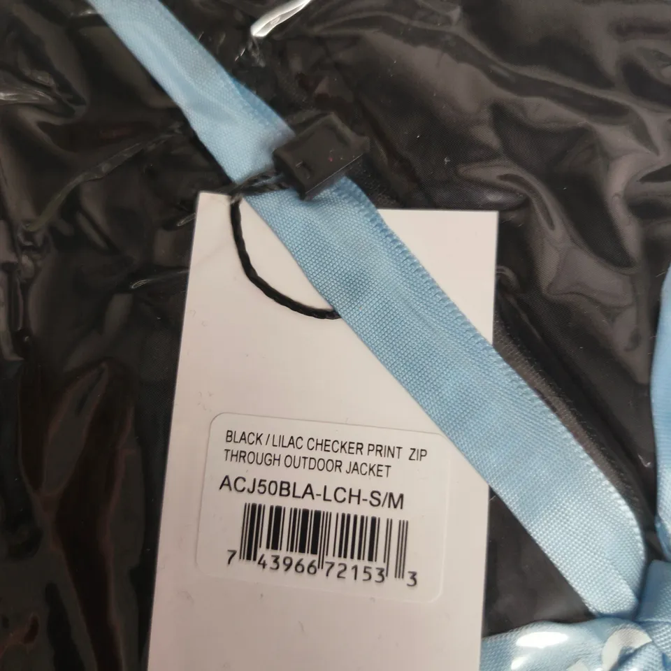 OODIE BLACK & LILAC CHECKER PRINT ZIP-THROUGH OUTDOOR JACKET, SIZE S