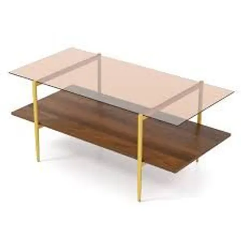 BOXED COSTWAY 2-TIER GLASS COFFEE TABLE WITH TAMPERED GLASS TABLETOP & OPEN STORAGE SHELF-BROWN