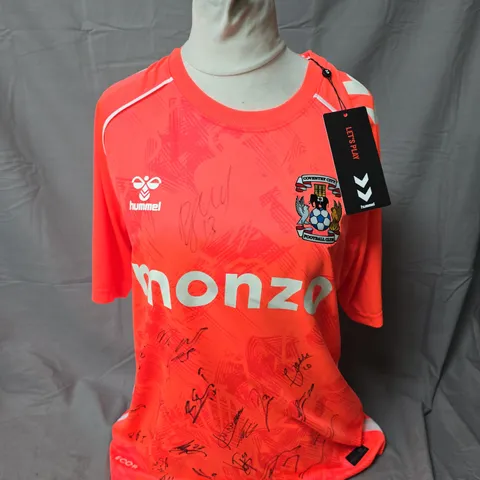 COVENTRY CITY FC FOOTBALL AWAY SHIRT – CORAL/ORANGE – HUMMEL – MONZO SPONSOR – SIGNED, ADULT UK SIZE L