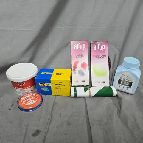 APPROXIMATELY 12 ASSORTED HOUSEHOLD ITEMS TO INCLUDE AIR UP PODS, TAC WISE STAPLES, WOOD FILLER, ETC