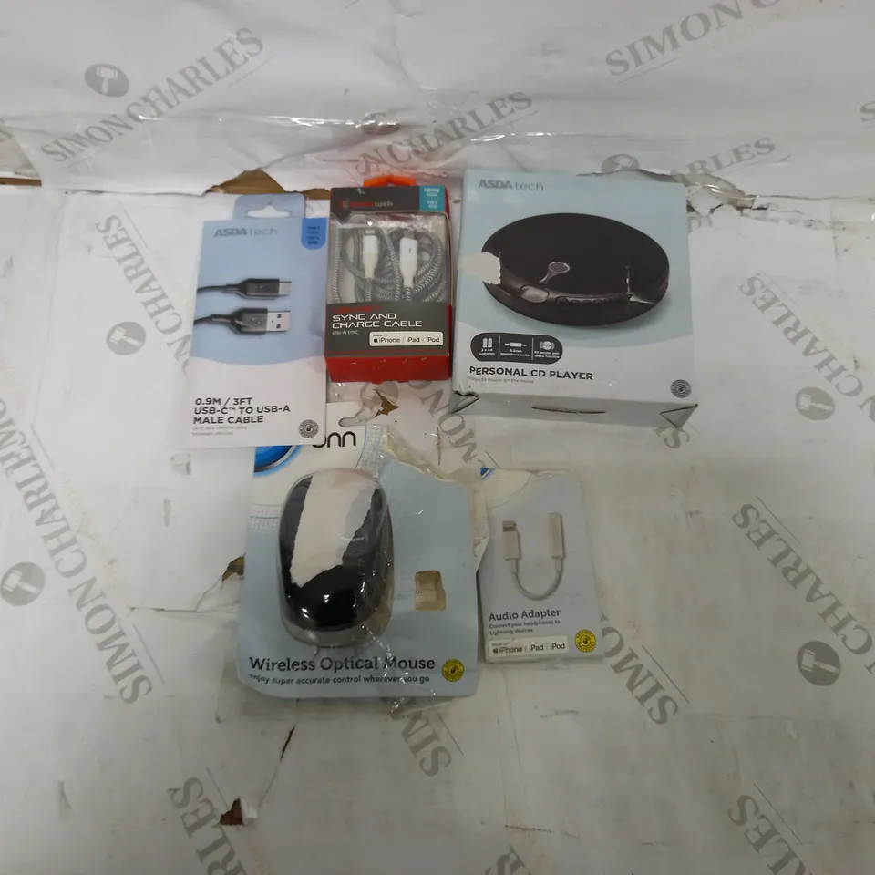 LOT OF APPROXIMATELY 5 PERIPHERALS TO INCLUDE PERSONAL CD PLAYER, AUDIO ADAPTER, ONN WIRELESS OPTICAL MOUSE, BLACKWEB 1.8M SYNC AND CHARGE CABLE, 0.9M USB-C TO USB-A MALE CABLE