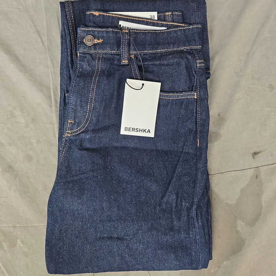 BERSHKA STRAIGHT WIDE JEANS IN DARK BLUE SIZE UK 10