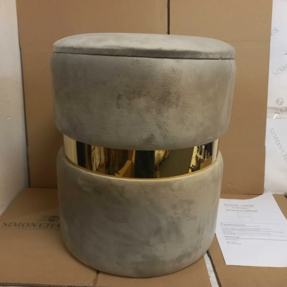 ALISON AT HOME VELVET STORAGE STOOL - GREY AND GOLD EFFECT
