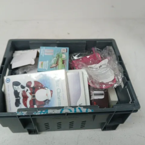 ASSORTED ITEMS IN PLASTIC TOTE – MIXED LOT INCLUDES DVDS, GARDEN AND HOUSEHOLD ACCESSORIES
