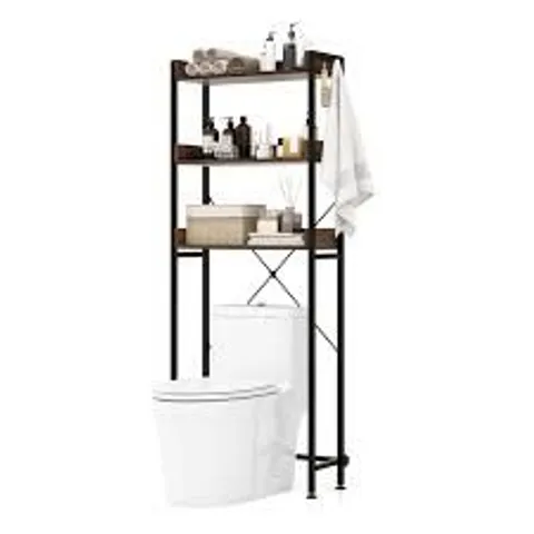 BOXED COSTWAY 3-TIER OVER THE TOILET STORAGE RACK WITH 4 HOOKS AND ADJUSTABLE BOTTOM BAR - RUSTIC BROWN