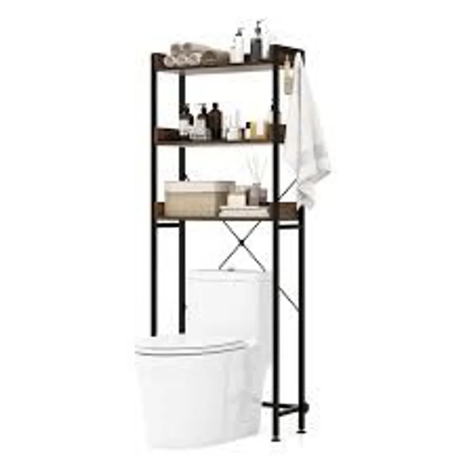 BOXED COSTWAY 3-TIER OVER THE TOILET STORAGE RACK WITH 4 HOOKS AND ADJUSTABLE BOTTOM BAR - RUSTIC BROWN