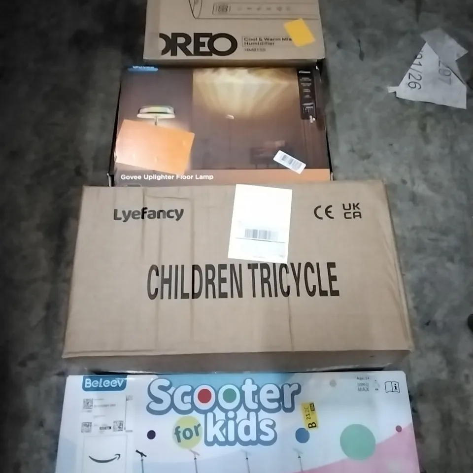PALLET OF HOUSEHOLD ITEMS TO INCLUDE SCOOTER FOR KIDS,CHILDREN'S TRICYCLE, GOVEE UPLIGHTER  FLOOR LAMP, COOL AND WARM MIST HUMIDIFIER AND OTHER ASSORTED ITEMS...