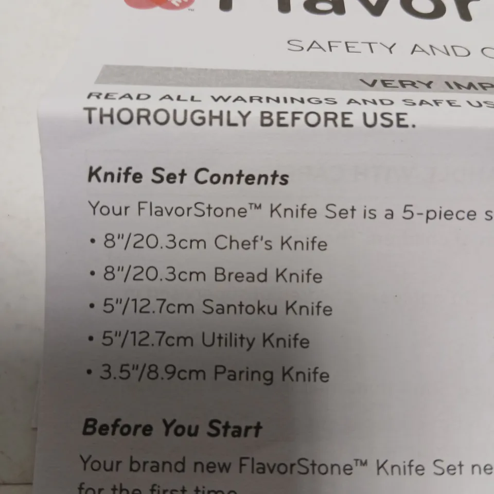 FLAVORSTONE 5-PIECE KNIFE SET (CHEF, BREAD, SANTOKU, UTILITY & PARING) – BOXED