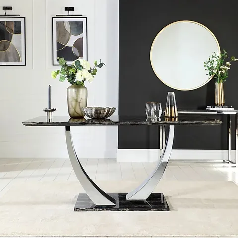 BOXED PEAKE DINING TABLE, 160cm BLACK MARBLE EFFECT AND CHROME (3 BOXES)