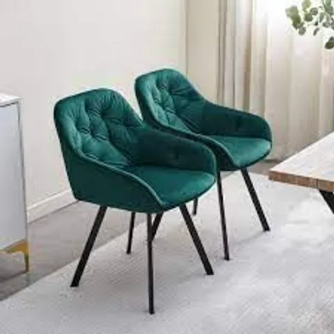 BOXED GARVIES SET OF TWO GREEN VELVET SWIVEL DINING CHAIRS