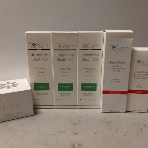 APPROXIMATELY 6 ASSORTED THE ORGANIC PHARMACY PRODUCTS TO INCLUDE NECK & CHEST FIRMING LOTION (50ml), ROSE DIAMOND FACE CREAM (50ml), JASMINE BATH OIL (100ml), ETC