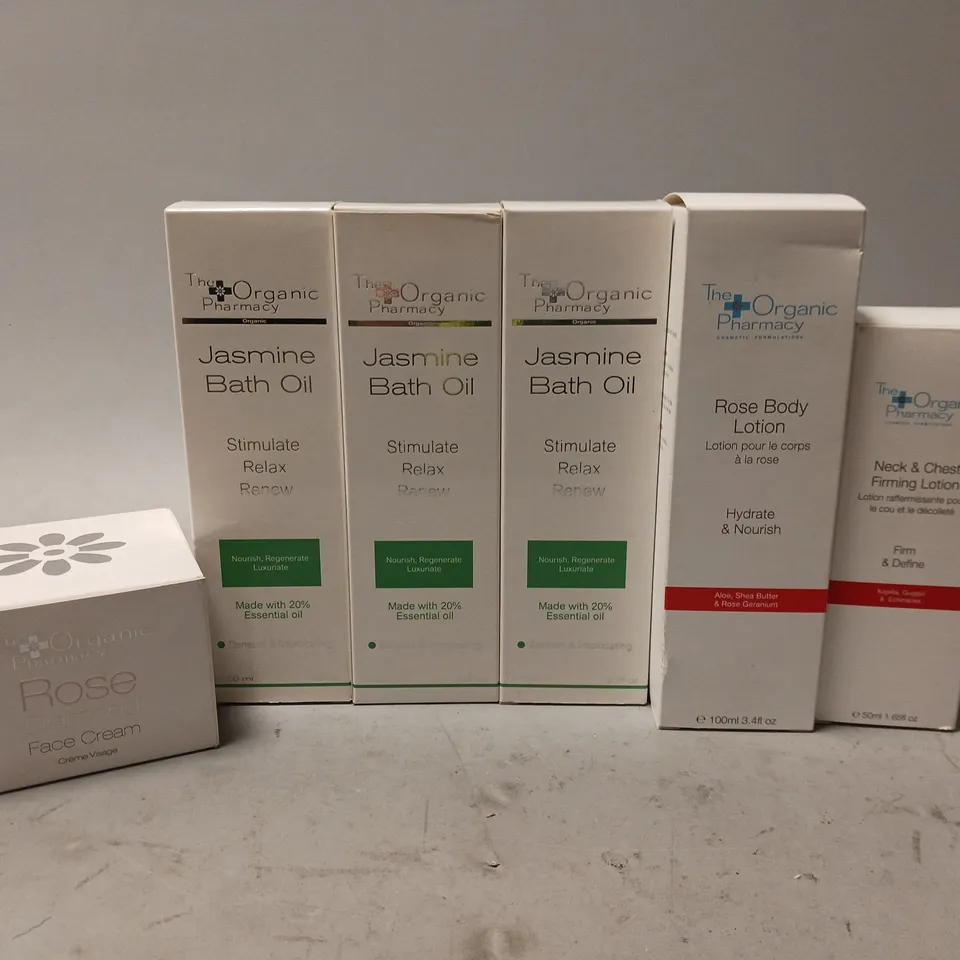 APPROXIMATELY 6 ASSORTED THE ORGANIC PHARMACY PRODUCTS TO INCLUDE NECK & CHEST FIRMING LOTION (50ml), ROSE DIAMOND FACE CREAM (50ml), JASMINE BATH OIL (100ml), ETC 