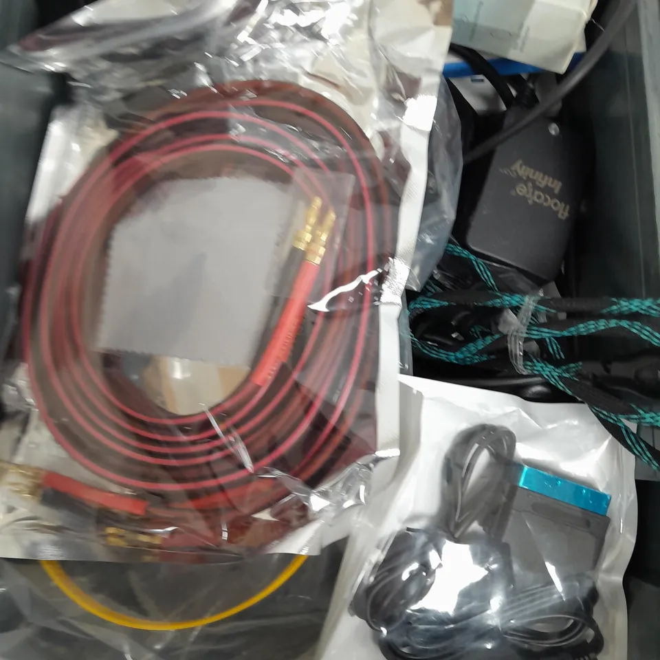 BOX OF APPROXIMATELY 15 ASSORTED ITEMS TO INCLUDE - WIRELESS MOUSE, DUPONT WIRES, NOW TV BOX ETC
