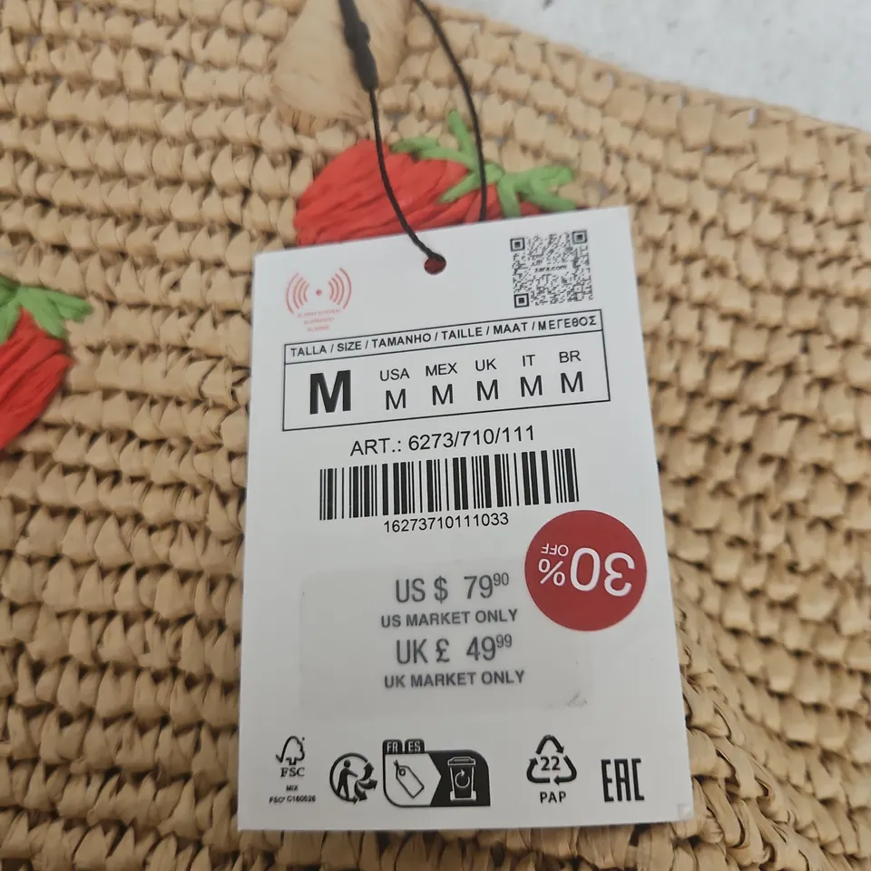 ZARA STRAW TOTE BAG WITH STRAWBERRY PRINT