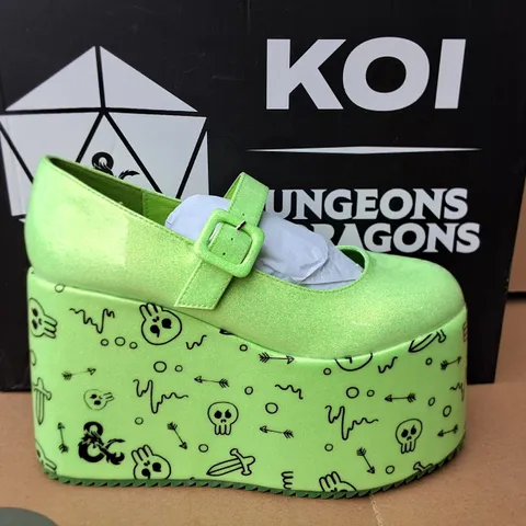 BRAND NEW BOXED KOI D&D GLABAGOOL GELATINOUS CUBE WEDGE MARY JANES IN GREEN - UK 4