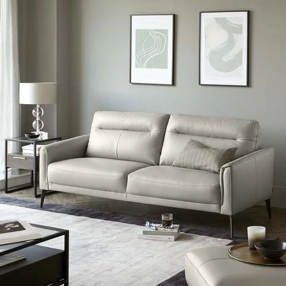 BOXED DANETTI BROOKS LIGHT GREY LEATHER 3 SEATER SOFA