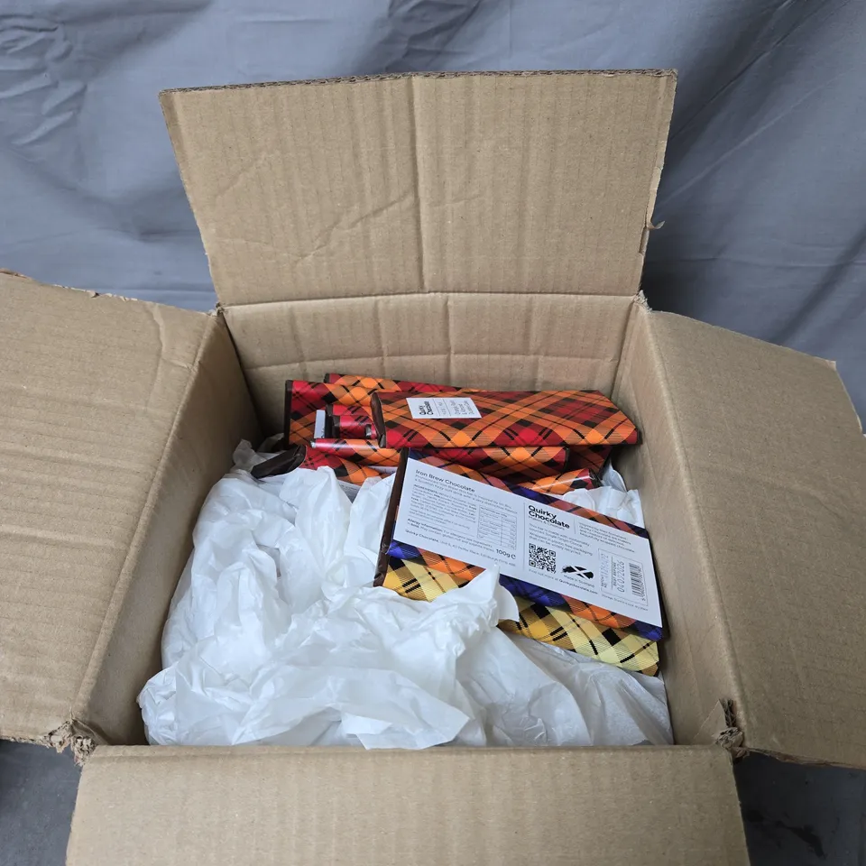 BOX OF APPROXIMATELY 60 ASSORTED QUIRKY CHOCOLATE PRODUCTS INCLUDING SCOTTISH BUTTER TABLET, IRON BREW AND POPPING CANDY AND ORANGE RAISIN AND ALMOND DUNDEE CAKE