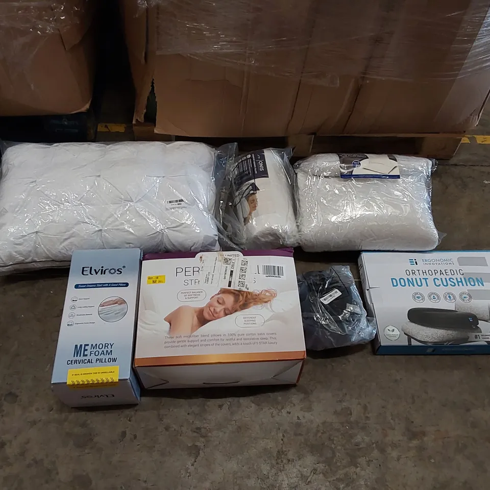 PALLET OF ASSORTED BEDROOM AND COMFORT BASED PRODUCTS TO INCLUDE; PILLOWS, SUPPORT SEAT CUSHIONS AND SIMILARLY RELATED GOODS 