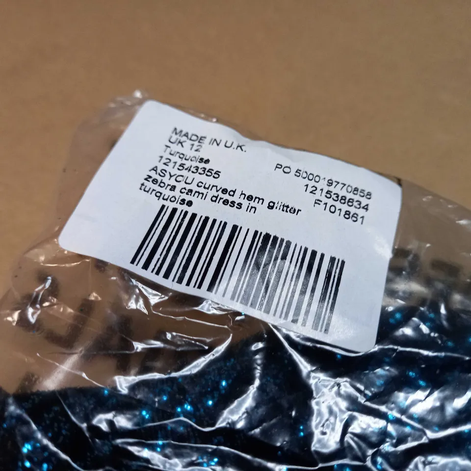 PACKAGED ASCY CURVED HEM GLITTER TURQUOISE ZEBRA CAMI DRESS - SIZE 12